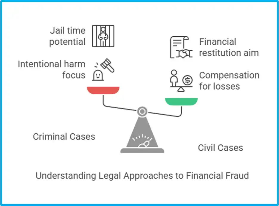 Diagram comparing criminal and civil cases in financial fraud: jail time vs. compensation focus, highlighting legal differences