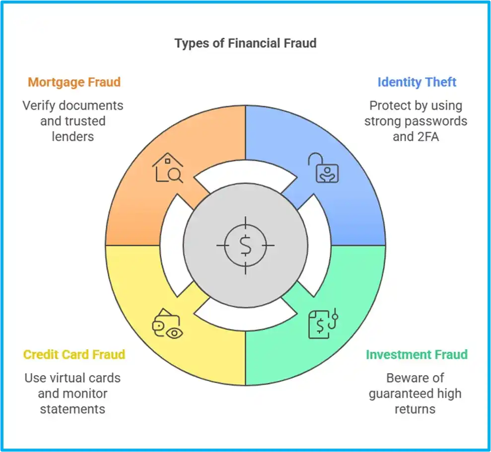 Visual chart showing types of financial fraud: Mortgage, Identity Theft, Credit Card, and Investment Fraud with prevention tips