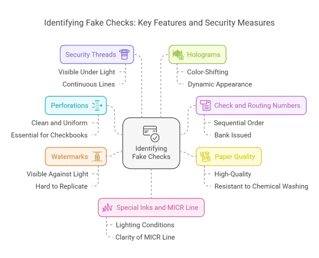 A diagram outlining key features to identify fake checks