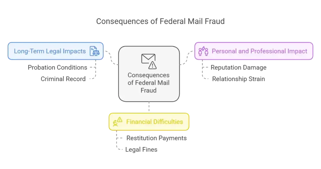 Flowchart detailing consequences of federal mail fraud including legal, personal, and financial impacts