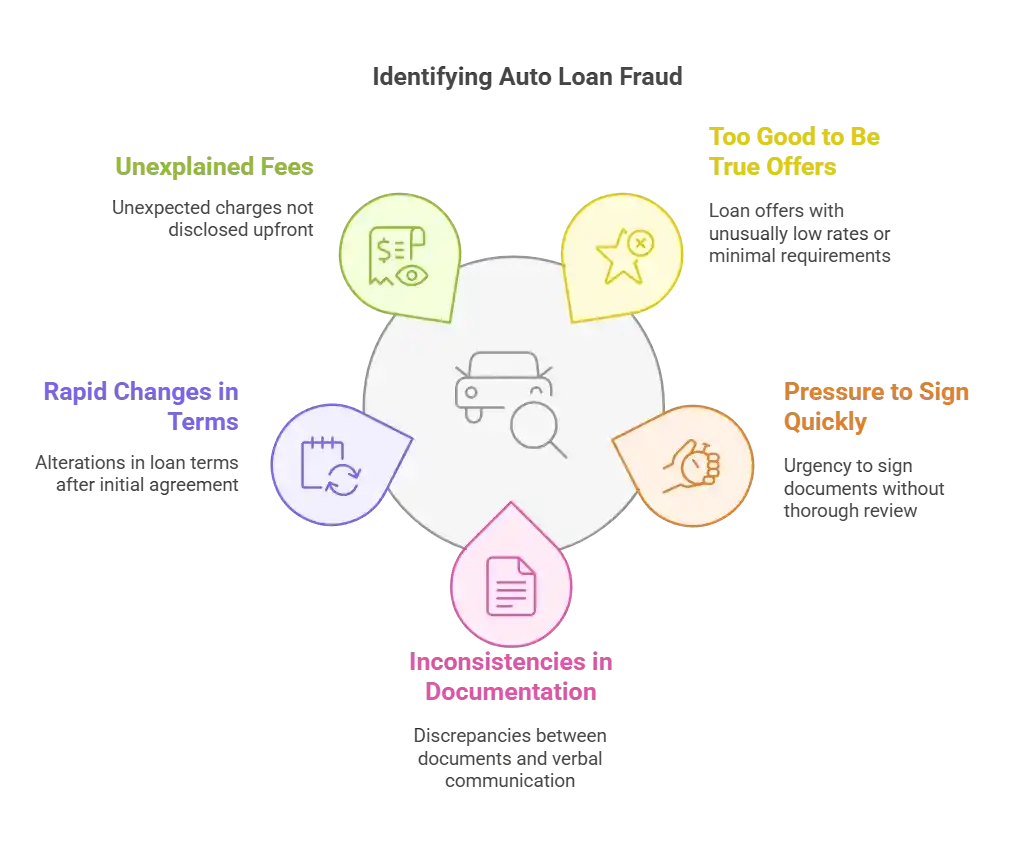 A flowchart detailing signs of auto loan fraud such as unexplained fees