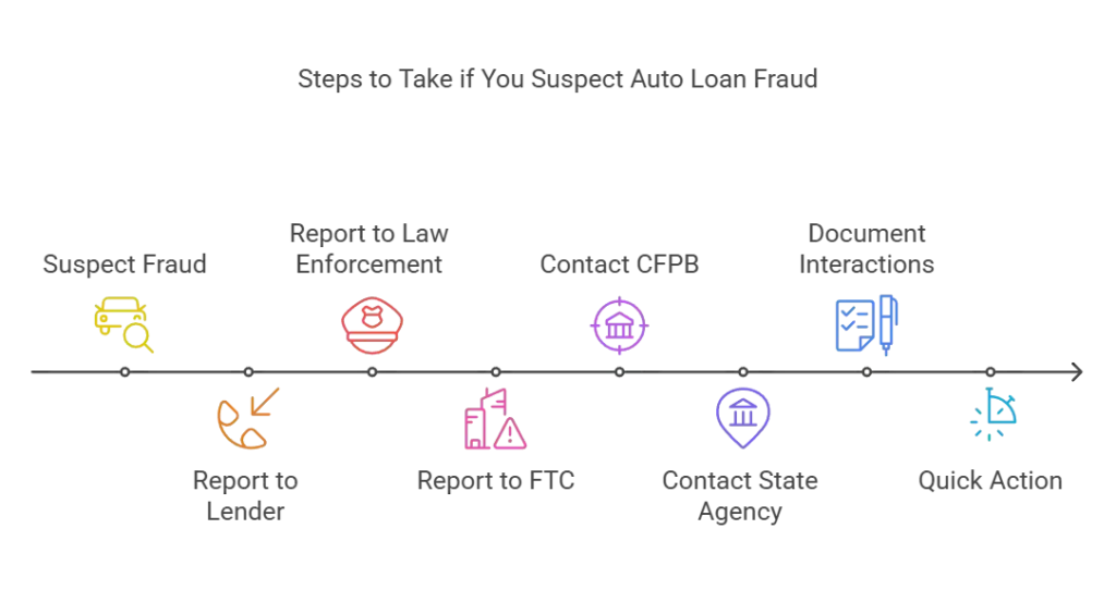 A timeline graphic showing steps to take if you suspect auto loan fraud