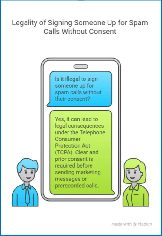 Mobile showing a text exchange about whether it’s illegal to sign someone up for spam calls without consent