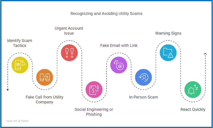 Infographic showing common utility scams, from fake calls and phishing to warning signs and how to respond