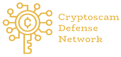 Logo of Cryptoscam Defense Network featuring an intricate icon with a central 'C' surrounded by circular nodes connected with lines, implying a network, set against a transparent background with the name in stylized orange font.