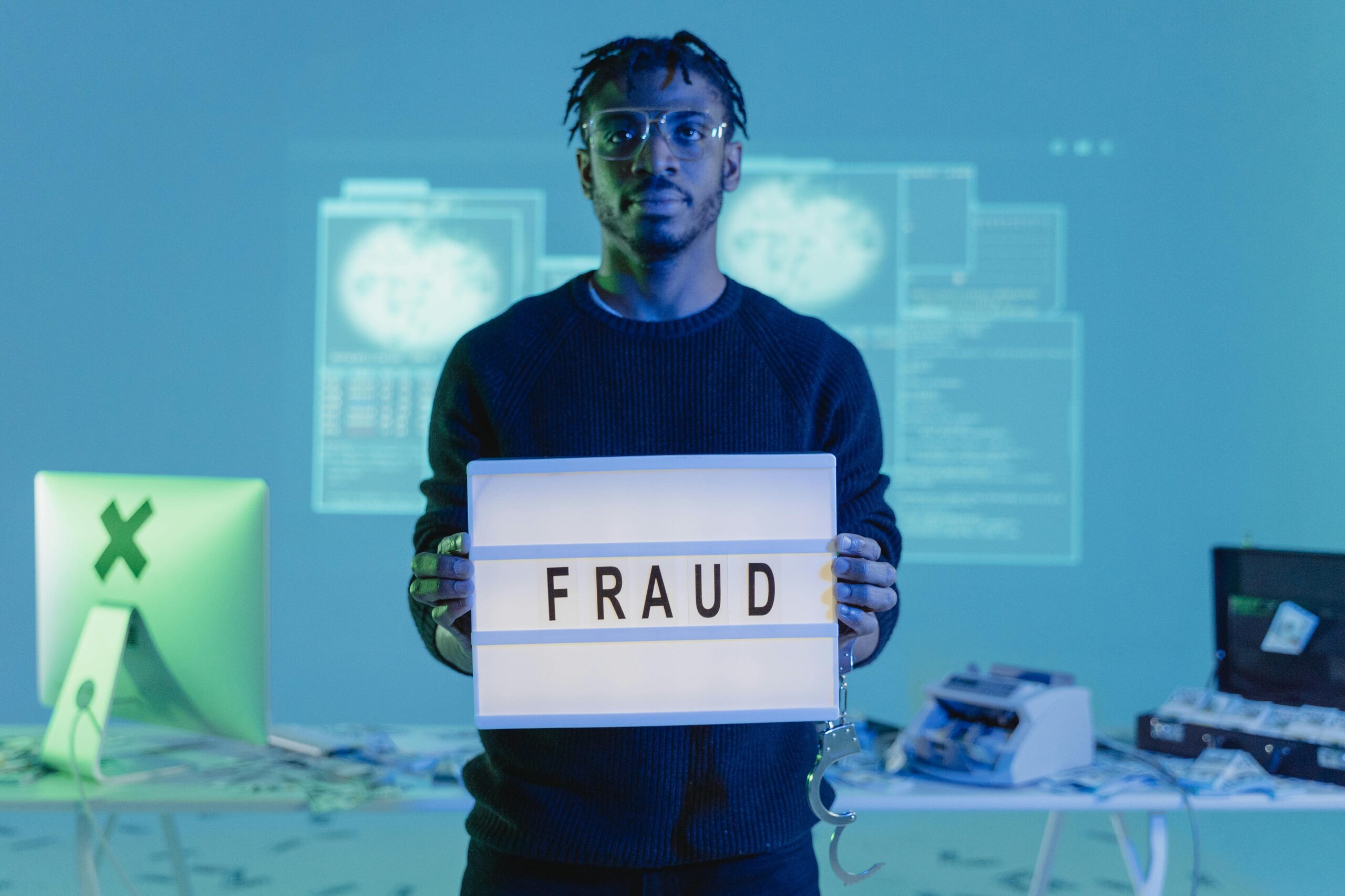 A man in a room with computers holds a fraud notice in his hands