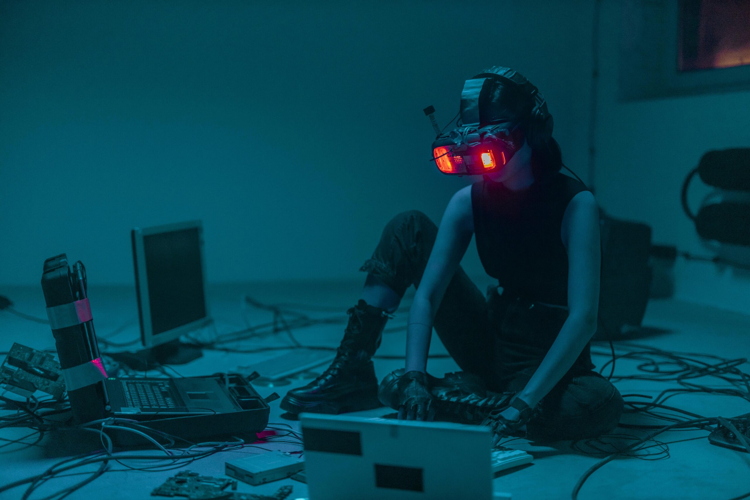 a person wearing a high-tech visor with glowing red lights, sitting next to electronic devices and cables
