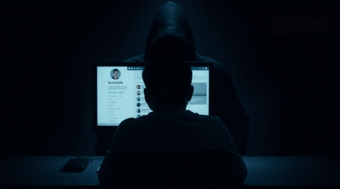 A man sits at a computer with a social profile on screen, a hooded figure looms behind him, symbolizing online blackmail or hacking