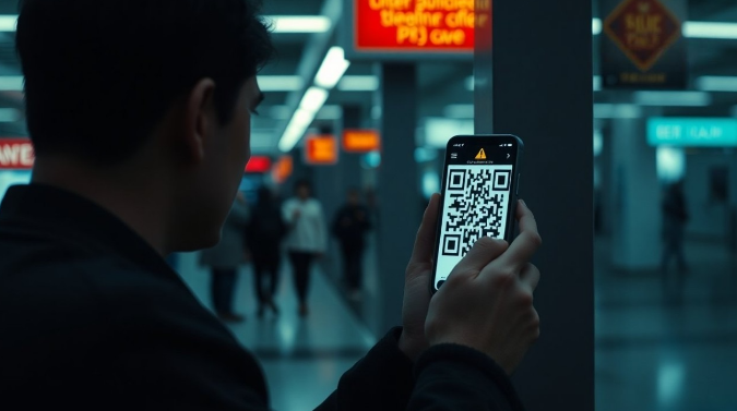 Man scanning a QR code with his mobile phone in a public transportation station