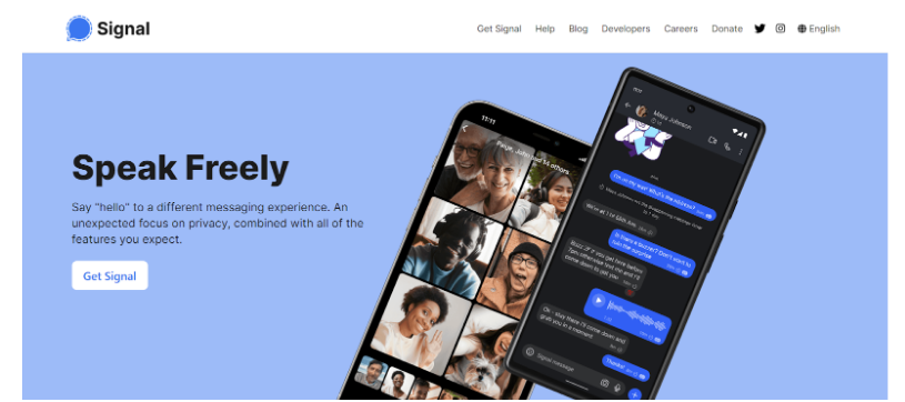 [Signal website homepage highlighting privacy and messaging features