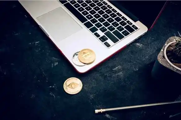 Lawyer reviewing cryptocurrency fraud cases on a laptop with a Bitcoin coin placed next to the device