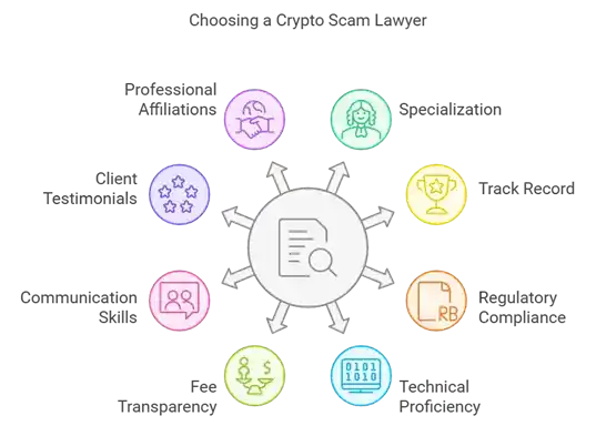 Infographic detailing key qualities of a good crypto scam lawyer, including specialization, track record, and fee transparency