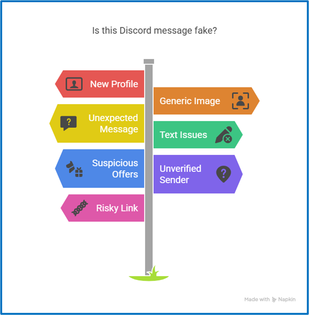 Infographic showing signs of a fake Discord message: new profile, risky links, generic image, and suspicious offers