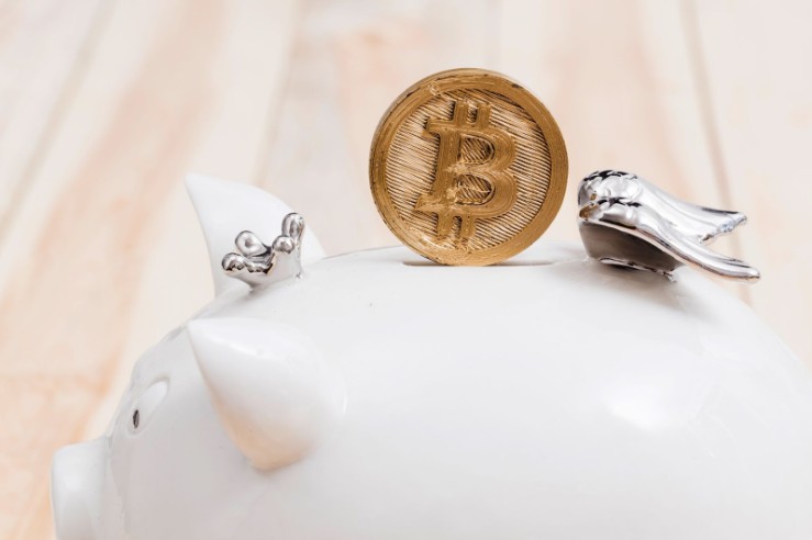 Golden Bitcoin coin being inserted into a white piggy bank, symbolizing investment in crypto hedge fund