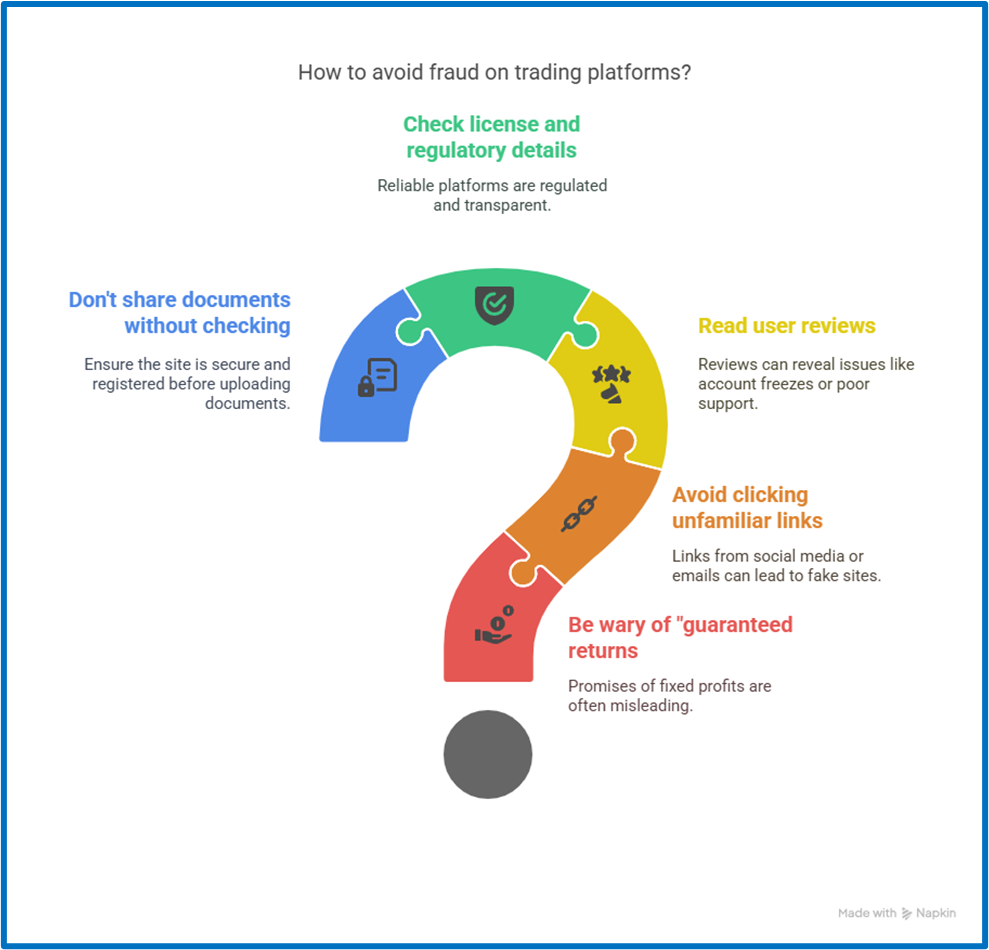 Infographic on how to avoid fraud on trading platforms, with tips about reviews, documents, links, and regulatory checks