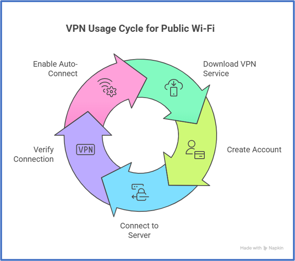 Illustration showing five steps to use a VPN safely on public Wi-Fi, from download to enabling auto-connect