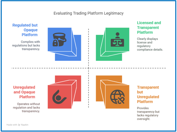 Visual chart comparing four types of trading platforms based on their level of transparency and regulatory compliance