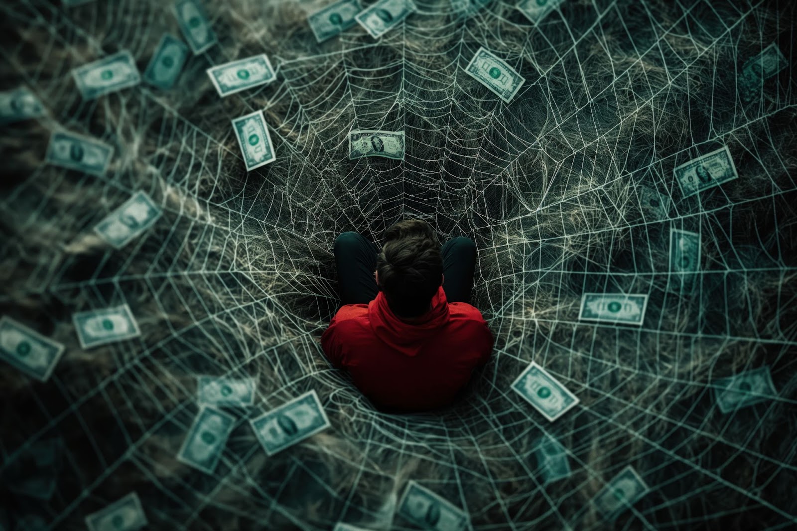 A person trapped in a web filled with dollar bills, symbolizing financial entanglement and the consequences of hidden income