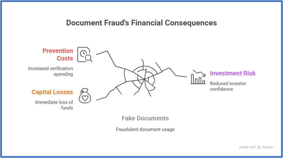 Infographic of document fraud impacts: prevention costs, capital losses, and investor risk linked to fake documents