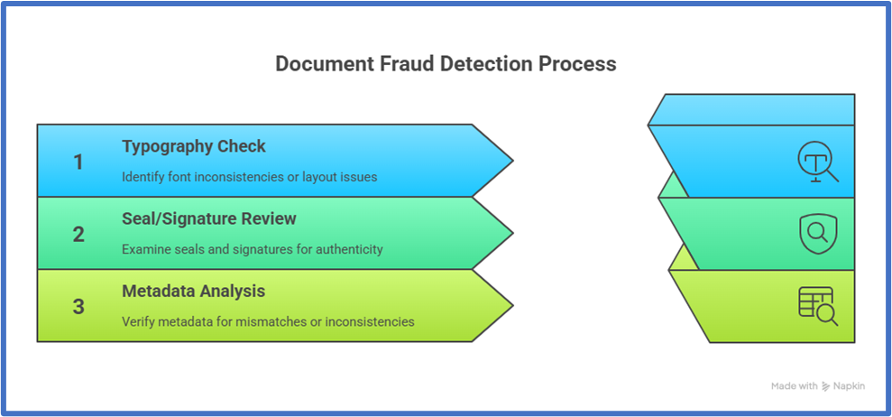 Process infographic: typography check, seal/signature review, metadata analysis to check document for fraud