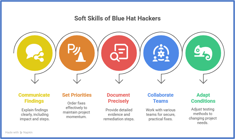 Soft skills of blue hat hackers illustrated with icons showing communication, prioritization, documentation, and teamwork