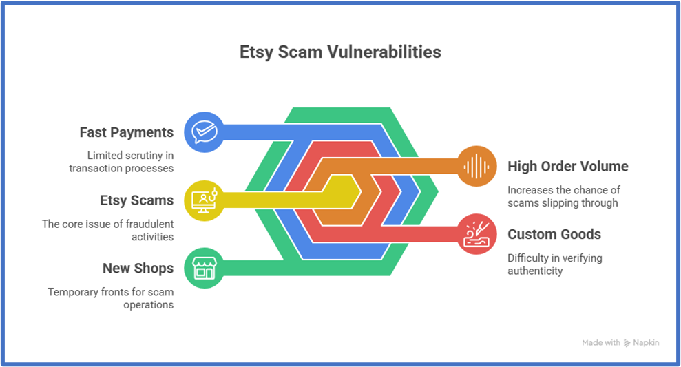 Etsy scams: key vulnerabilities like fast payments, high order volume, and difficulty verifying authenticity