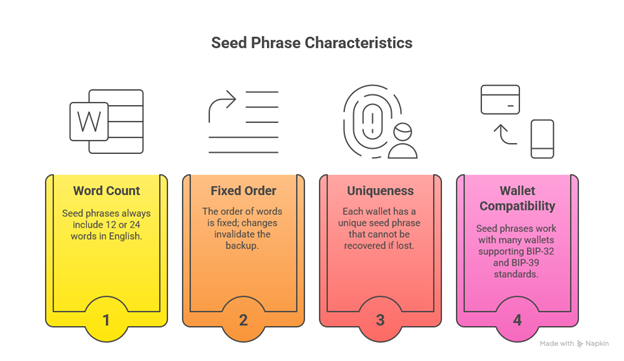 Main characteristics of seed phrase security, including word count, fixed order, uniqueness, and wallet compatibility