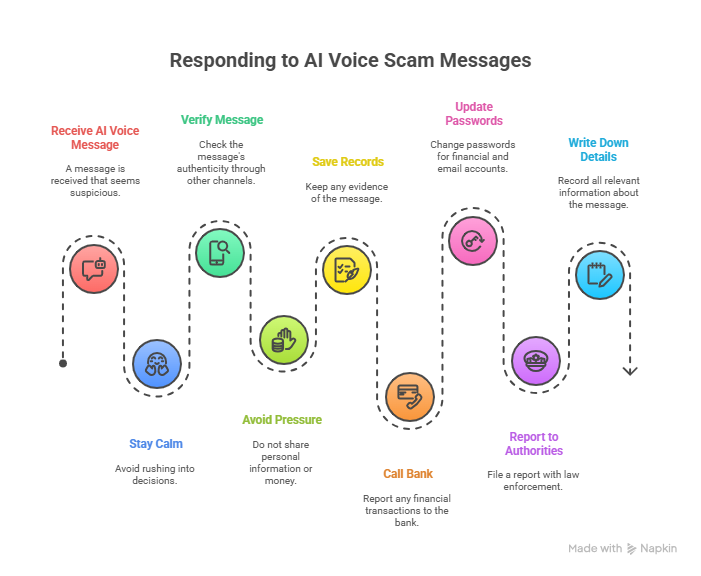 Infographic with step-by-step guidance to respond and stay safe from ai voice scamming in suspicious messages