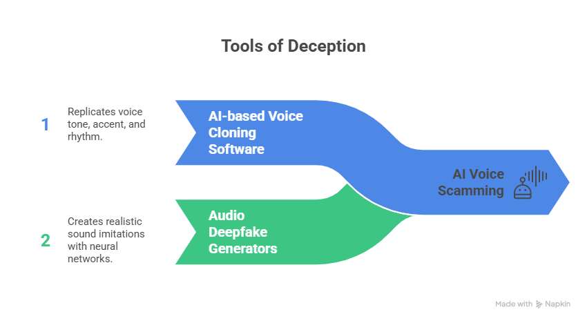 Diagram showing voice cloning and deepfake tools that scammers use to carry out AI voice scamming