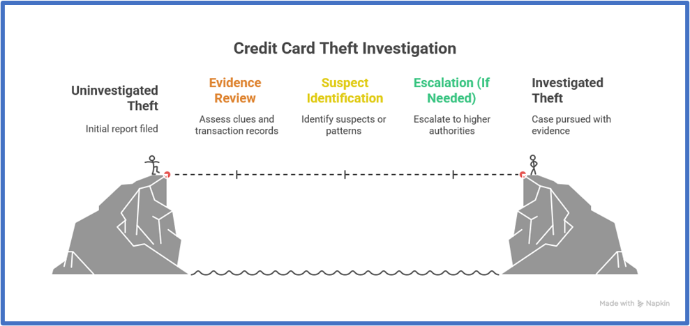 Flowchart: do police investigate credit card theft—report, evidence review, suspect ID, escalation, investigated case