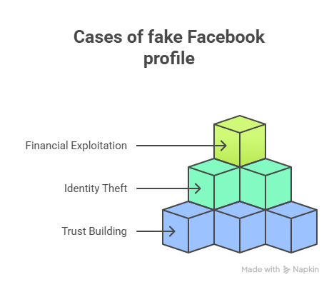 How can you tell if a Facebook profile is fake: visual showing trust building, identity theft, financial exploitation