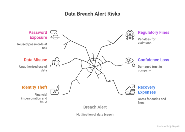 Data Breach Alert risks diagram showing identity theft, data misuse, regulatory fines, and recovery expenses