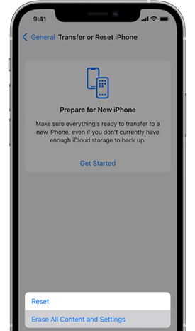Using the Reset option in iPhone Settings to erase content and remove possible malware