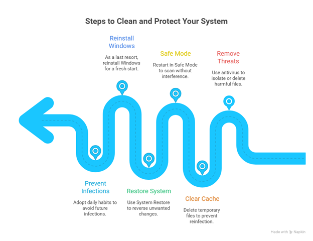 Visual guide showing how to check if your computer has a virus and clean it in safe mode