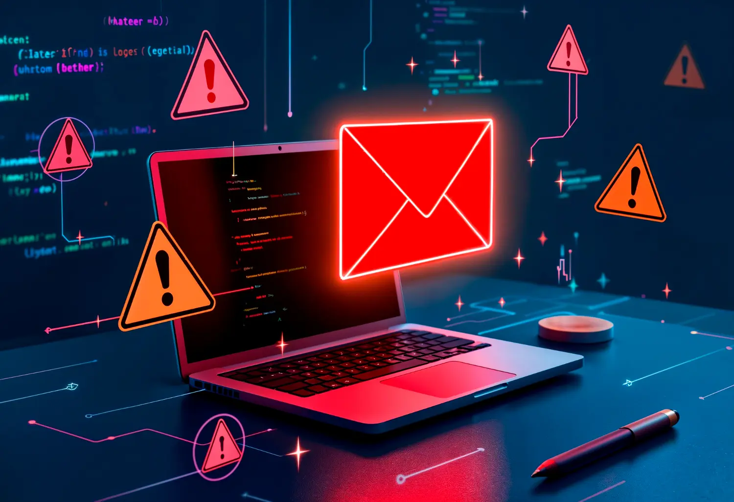 A laptop surrounded by warning icons and a glowing red email symbol, representing email security risks and scams