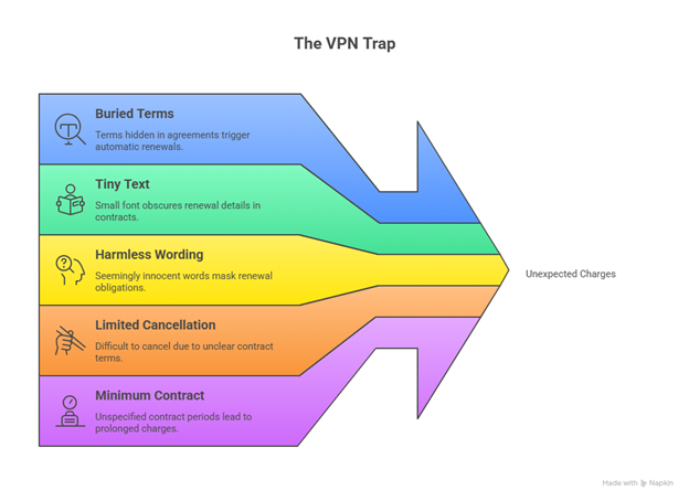 Arrow graphic detailing contract tricks that lead to vpn scams, including hidden terms, tiny text and difficult cancellation