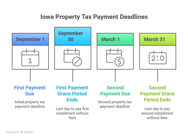 Timeline with dates showing when are property taxes due in Iowa, grace periods, and deadlines for both installments