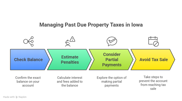 Managing steps for when are property taxes due in Iowa, including balance check, penalties, partial payments, and avoiding tax sale