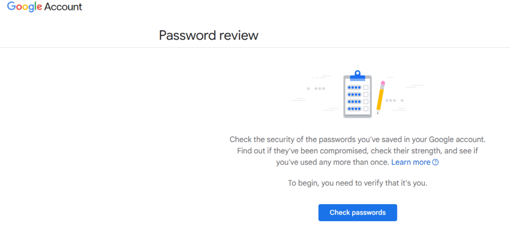 Google password checkup screen