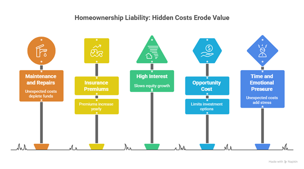 Hidden homeowner costs chart for maintaining a house showing repairs, insurance, interest, and stress factors