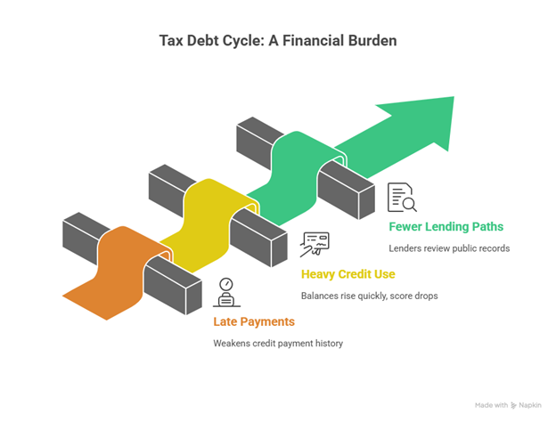 Diagram explaining how a delinquent tax affects credit through late payments, high balances and fewer lending paths