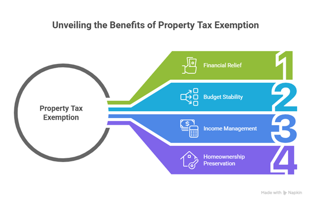 Visual chart explaining financial benefits of the property tax exemption for seniors, including relief and income stability