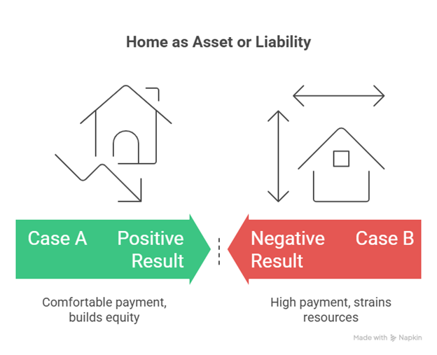 Visual comparison of a home as an asset or liability, contrasting equity growth with high payments that strain monthly resources