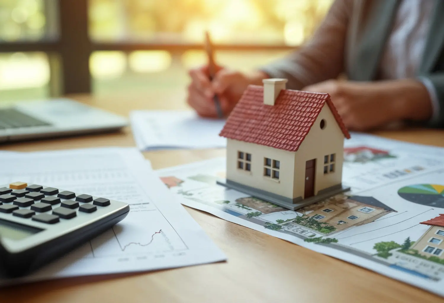 Couple reviewing finances at home while holding a small model house during their redemption period