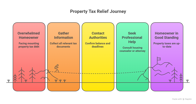 Infographic of the property tax help journey, from overwhelmed homeowner to current on taxes, with simple steps and support
