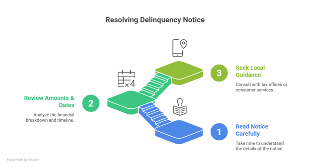 Step-by-step diagram showing how to respond after receiving a notice of delinquency, from reading the notice to seeking local guidance