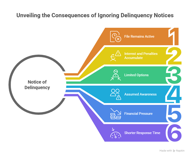 Visual breakdown of consequences that follow a notice of delinquency, including penalties, limited options, and shorter response times