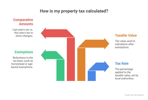 Diagram showing how Property Tax Notices outline taxable value, tax rate, exemptions, and comparative amounts