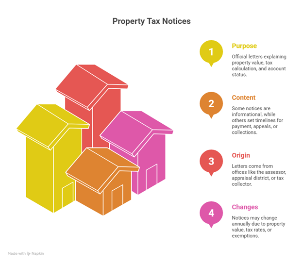 Color graphic explaining Property Tax Notices, including purpose, content, origin, and yearly changes