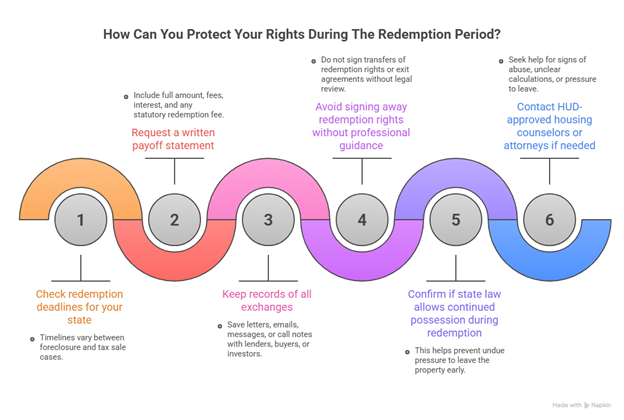 Infographic with six steps explaining how homeowners can protect their rights during the redemption period